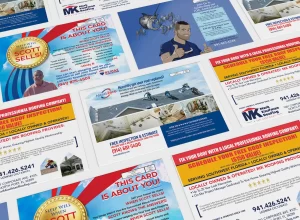 Assorted promotional postcards showcasing direct mail marketing designs and business advertisements.